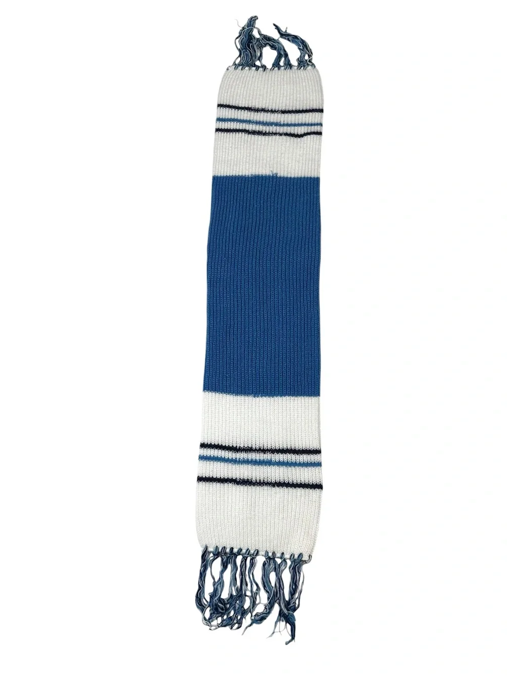 Vintage 60s 70s Blue White Knit Fringed Winter Kids Scarf